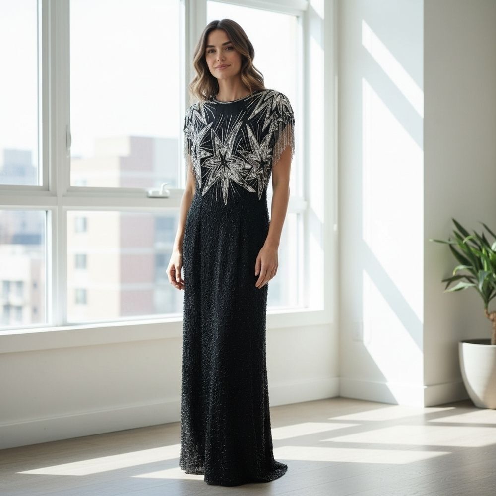 Vintage Black Silk Dress with Hand-Embellished Tassels & Silver Beads/Sequins |